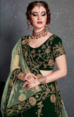 Marvelous Dark Green Dori, Zari And Sequins Embroidered Semi Velvet Designer Lehenga for wedding 4