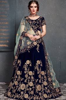 Figurative Navy Blue Dori, Zari And Sequins Embroidered Semi Velvet Fabric edding designer Lehenga Choli