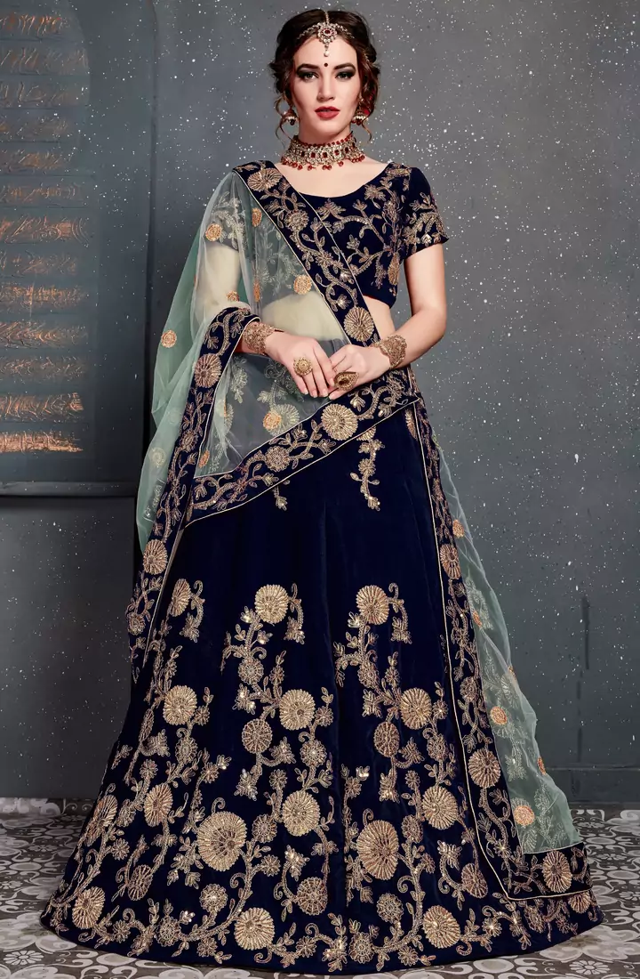 Figurative Navy Blue Dori, Zari And Sequins Embroidered Semi Velvet Fabric edding designer Lehenga Choli