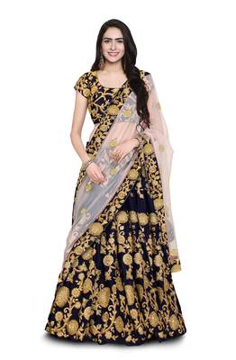 Figurative Navy Blue Dori Zari And Sequins Embroidered Semi Velvet Edding Designer Lehenga Choli 1