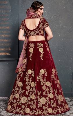 Maroon Dori, Zari And Sequins Embroidered Velvet Semi Stitched bridal lehenga Choli With Dupatta 2