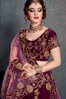 Hypnotizing Purple Dori Zari And Sequins Embroidered Semi Velvet Lehenga Choli For Bride