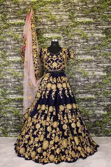 Figurative Navy Blue Dori Zari And Sequins Embroidered Semi Velvet Edding Designer Lehenga Choli