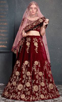 Maroon Dori, Zari And Sequins Embroidered Velvet Semi Stitched bridal lehenga Choli With Dupatta 3