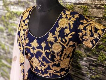 Figurative Navy Blue Dori Zari And Sequins Embroidered Semi Velvet Edding Designer Lehenga Choli 3