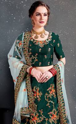 Dark Green Thread, Dori, Zari and Embroidered with Diamond Work Taffeta Silk Semi Stitched wedding lehenga 4