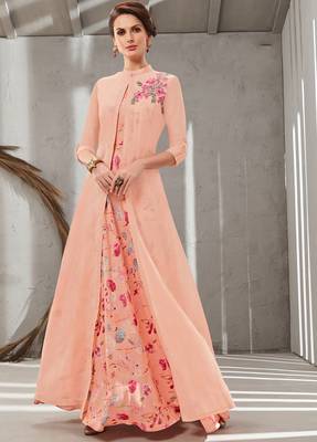 Peach embroidered polyester long kurtis 1