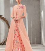 Peach embroidered polyester long kurtis