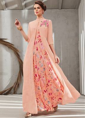 Peach embroidered polyester long kurtis 2