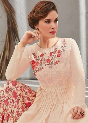 Off-white embroidered polyester long kurtis 2