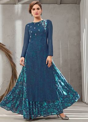 Blue embroidered polyester long kurtis 1