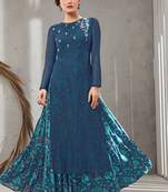 Blue embroidered polyester long kurtis
