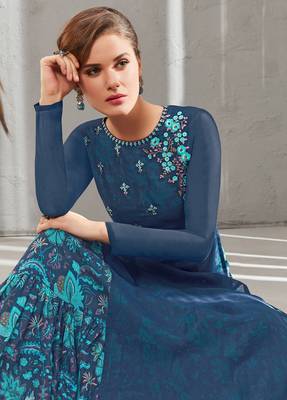 Blue embroidered polyester long kurtis 2