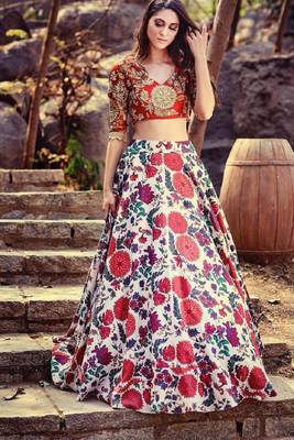 Multicolor printed satin semi stitched lehenga 1