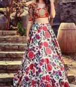 Multicolor printed satin semi stitched lehenga