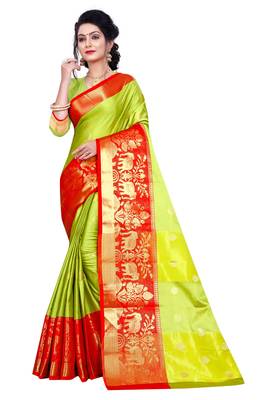  parrot green woven silk blend saree with blouse 1