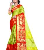  parrot green woven silk blend saree with blouse