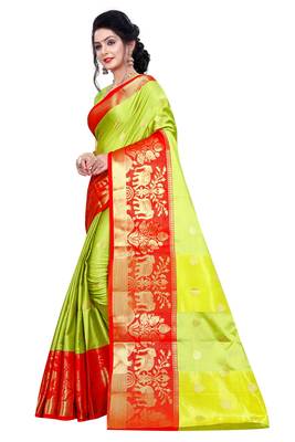  parrot green woven silk blend saree with blouse 2