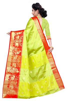  parrot green woven silk blend saree with blouse 3