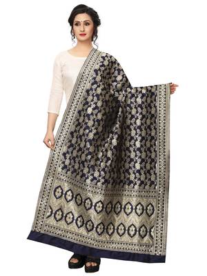 Navy Blue Jacquard Silk Women's Dupatta. 1