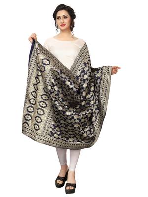 Navy Blue Jacquard Silk Women's Dupatta. 2