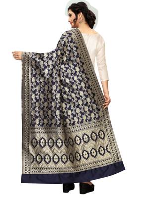 Navy Blue Jacquard Silk Women's Dupatta. 3