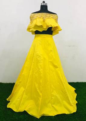 Yellow embroidered silk unstitched lehenga 1
