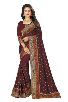 Brown Embroidered Art Silk Saree With Blouse 1
