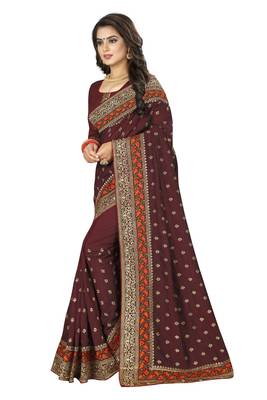 Brown Embroidered Art Silk Saree With Blouse 2