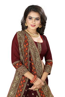 Brown Embroidered Art Silk Saree With Blouse 4