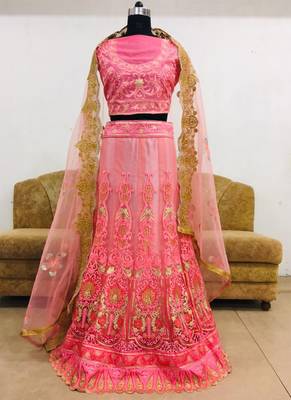Pink embroidered silk unstitched lehenga 1
