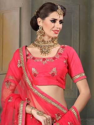 Pink embroidered net semi stitched lehenga 2