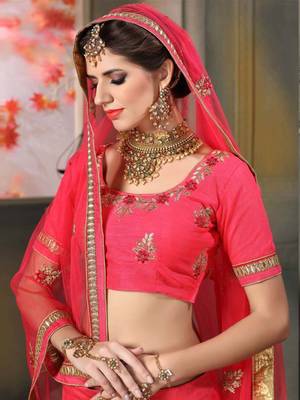 Pink embroidered net semi stitched lehenga 4