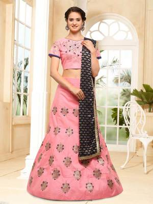 Baby-pink embroidered silk semi stitched lehenga 1