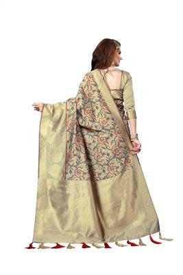 Beige woven banarasi saree with blouse 3