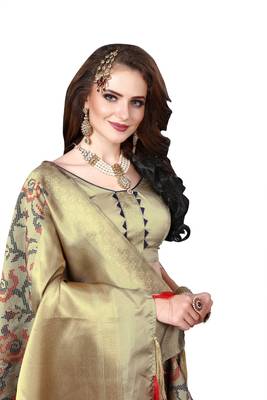 Beige woven banarasi saree with blouse 4