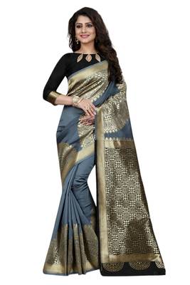 Grey Embroidered Banarasi Saree With Blouse 1