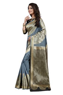 Grey Embroidered Banarasi Saree With Blouse 2