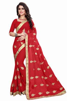 Red Embroidered Georgette Saree With Blouse 1