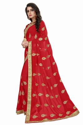 Red Embroidered Georgette Saree With Blouse 2