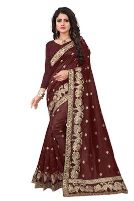 Brown embroidered Art Silk saree with blouse 1