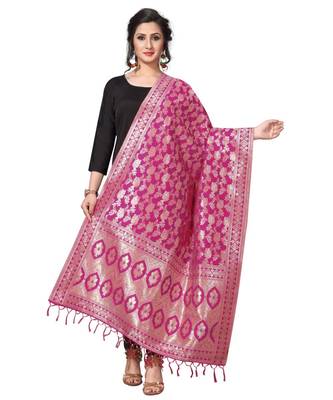 Pink Jacquard Silk Women's Dupatta With Zalor. 1