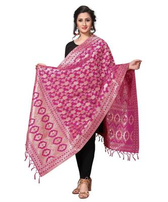 Pink Jacquard Silk Women's Dupatta With Zalor. 2