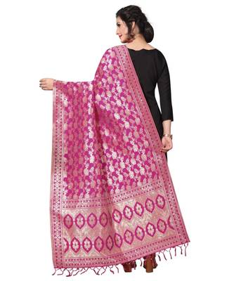 Pink Jacquard Silk Women's Dupatta With Zalor. 3