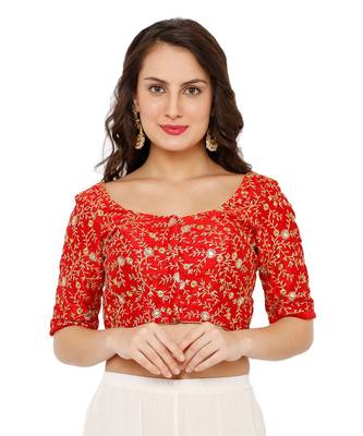 Women's Red Dupion Silk Readymade Padded Saree Blouse 1