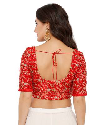 Women's Red Dupion Silk Readymade Padded Saree Blouse 2