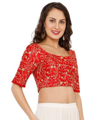 Women's Red Dupion Silk Readymade Padded Saree Blouse 3