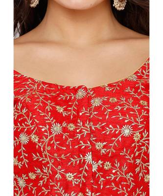 Women's Red Dupion Silk Readymade Padded Saree Blouse 4
