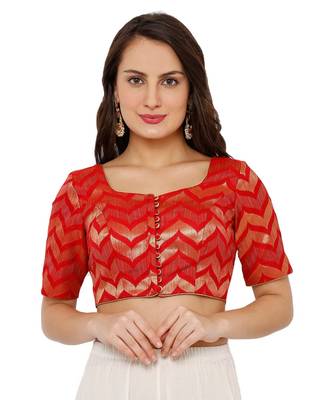 Women's Red Brocade Readymade Padded Saree Blouse 1