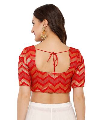 Women's Red Brocade Readymade Padded Saree Blouse 2